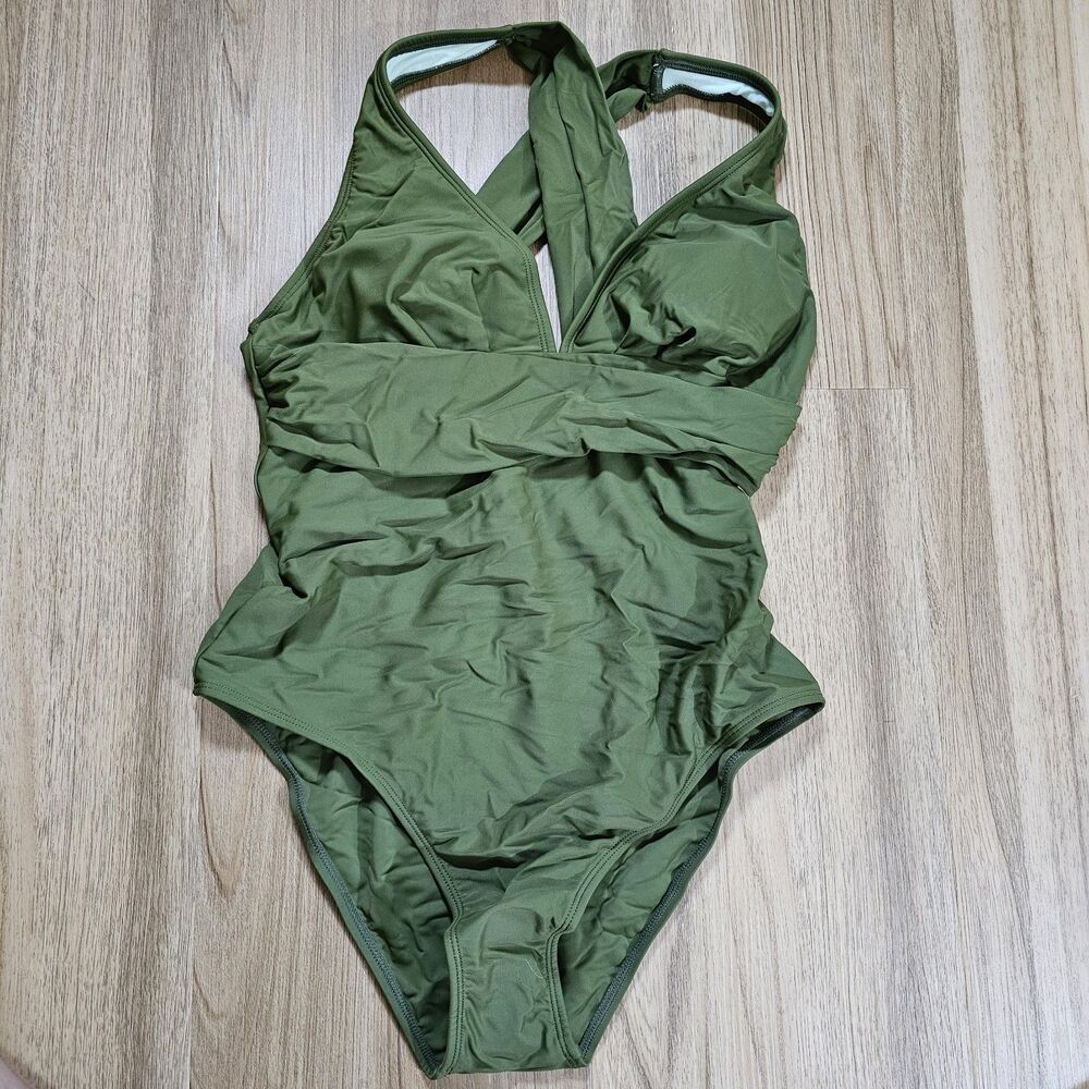 Cupshe Women's One Piece Swimsuit Ruched Tummy‎ Control, V-Neck, Green, Size M